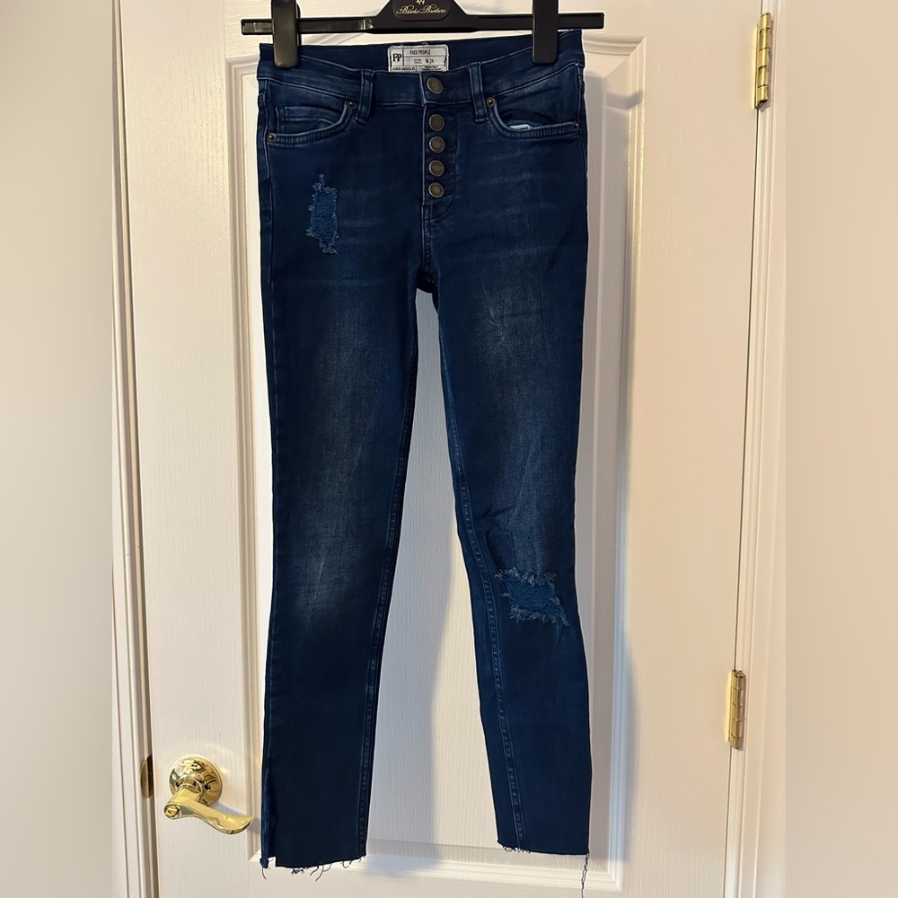 Free People Button Fly Dark Blue Skinny Jeans